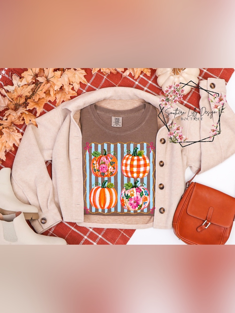 Comfort Colors Brown Pumpkin Graphic Sweater with Floral & Gingham Accents